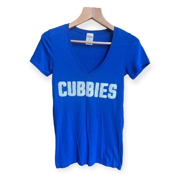 PINK Victoria’s Secret Chicago Cubbies Baseball Sequin V-Neck T-Shirt, XS - Picture 1 of 9